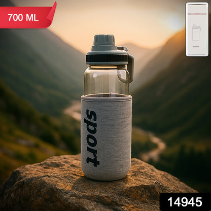 Wukusy 700ml sports water bottle with protective sleeve, clear plastic design, and leak-proof cap for active hydration.