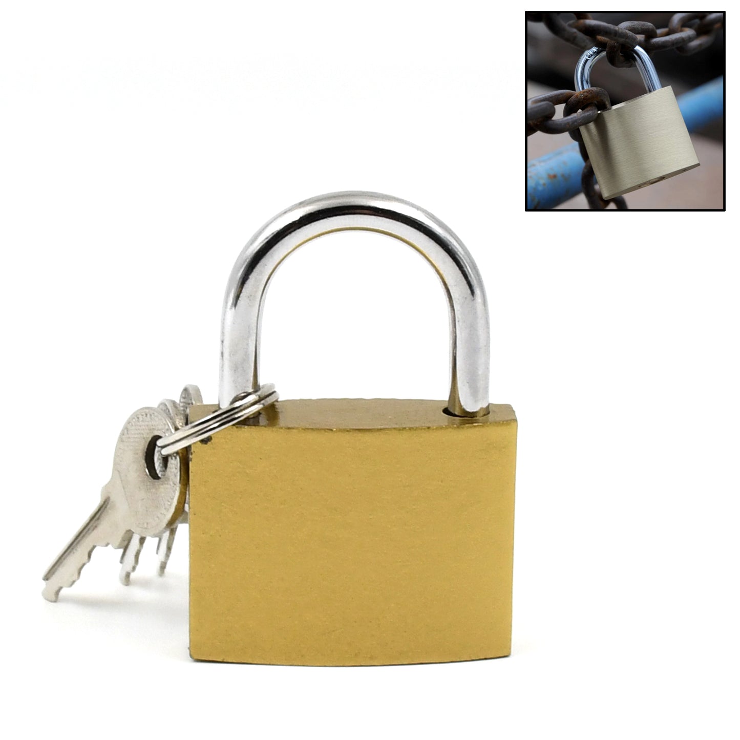 Wukusy solid 3-key padlock, 38mm, for home improvement, showing the lock with three keys attached in a close-up shot.