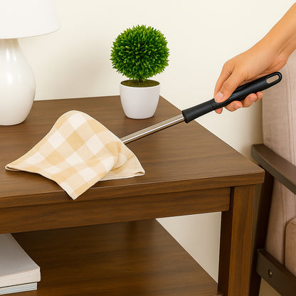 Wukusy non-extendable dusting cloth with handle for easy cleaning, shown draped over a surface in a home improvement setting.