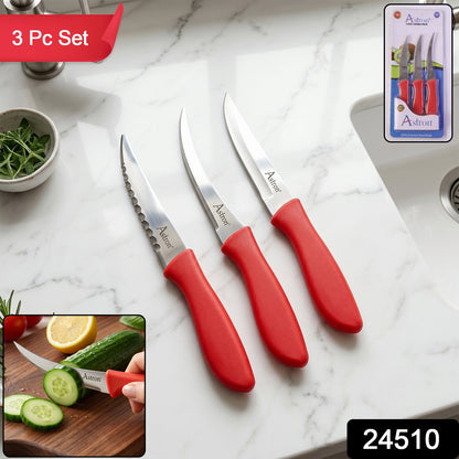 Wukusy SS Classic Kitchen Knife Set with three stainless steel knives featuring plastic handles, displayed on a wooden cutting board.