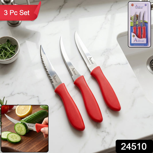 Wukusy SS Classic Kitchen Knife Set with three stainless steel knives featuring plastic handles, displayed on a wooden cutting board.