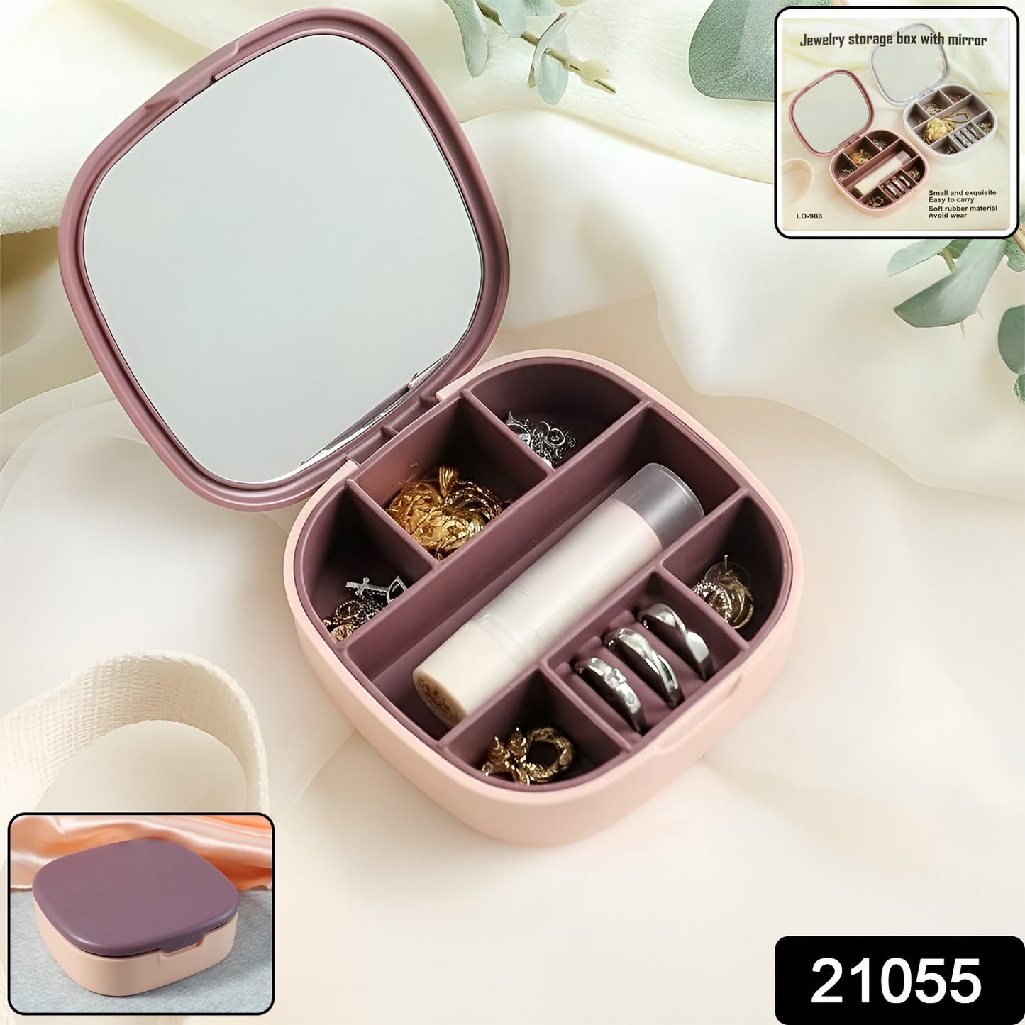 Wukusy plastic jewelry storage box with built-in mirror and multiple compartments for organizing rings, necklaces, and earrings.