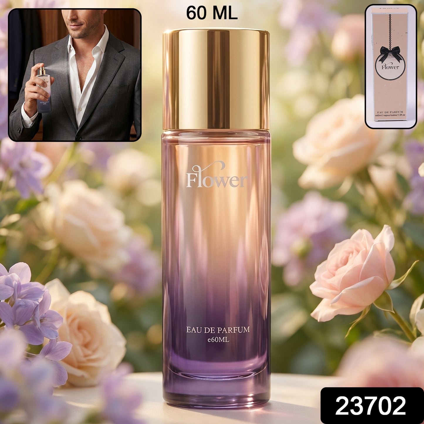 Wukusy Flower Eau De Parfum spray bottle, 60ml, with elegant floral design and clear fragrance label.