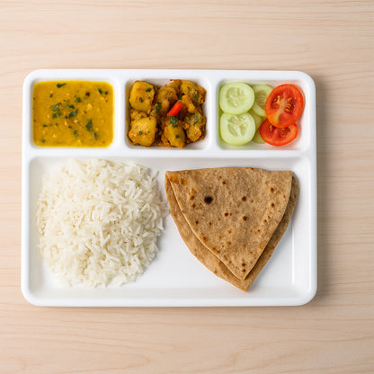 White plastic 4-compartment rectangular meal serving tray from Wukusy, ideal for home and kitchen use.