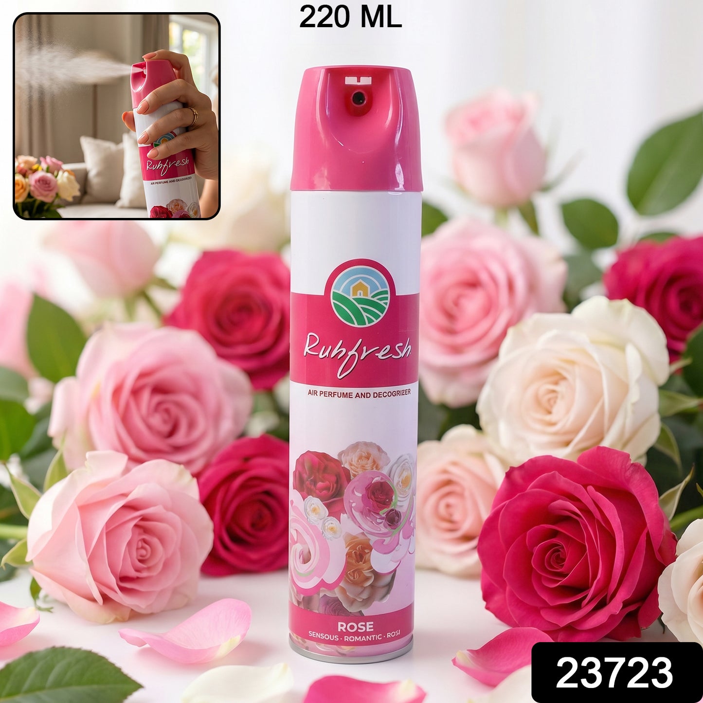 Wukusy Rose air freshener spray bottle, 220 ml, with a floral rose scent and sleek packaging.