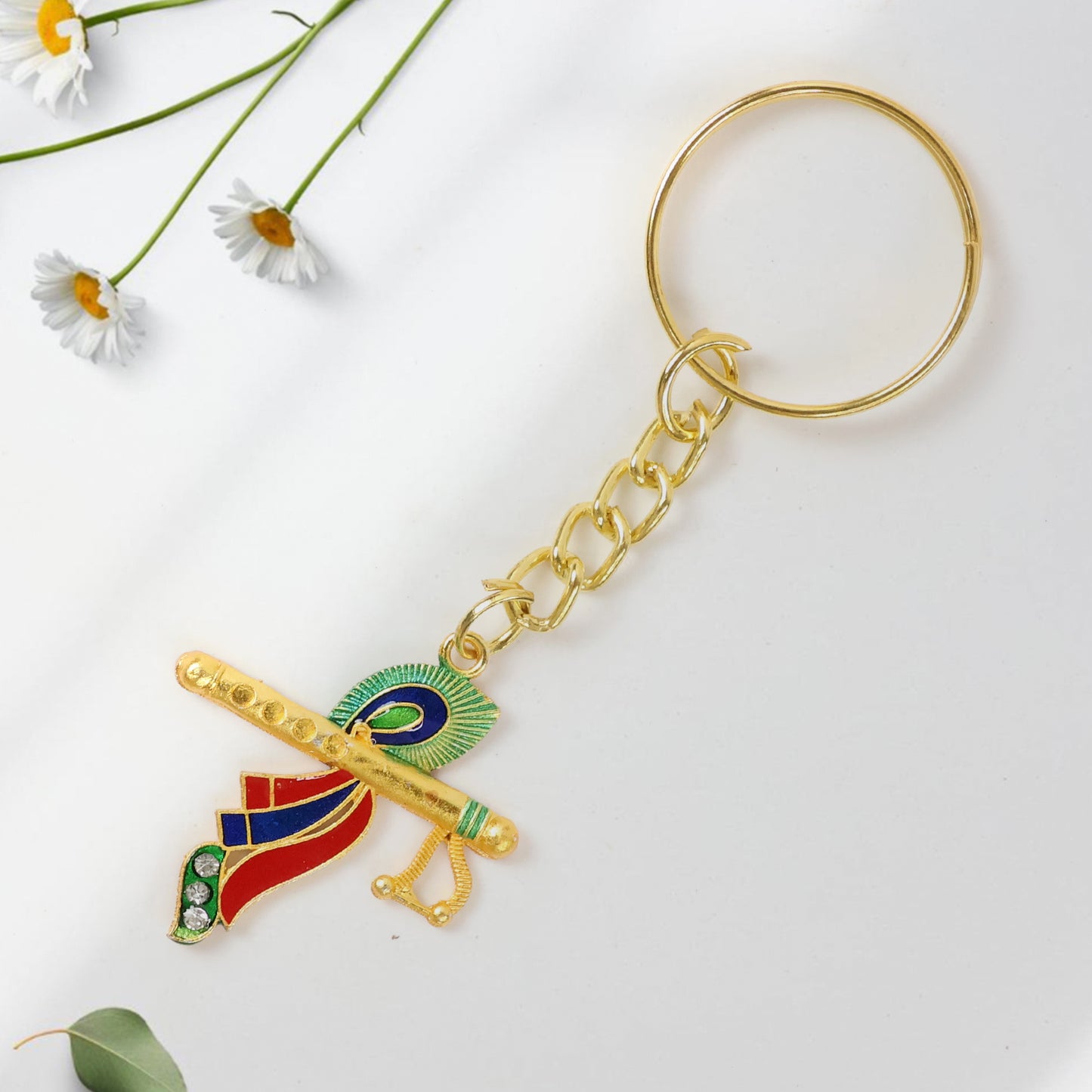 Wukusy Krishna flute keychain with peacock feather design, featuring detailed craftsmanship and vibrant colors.