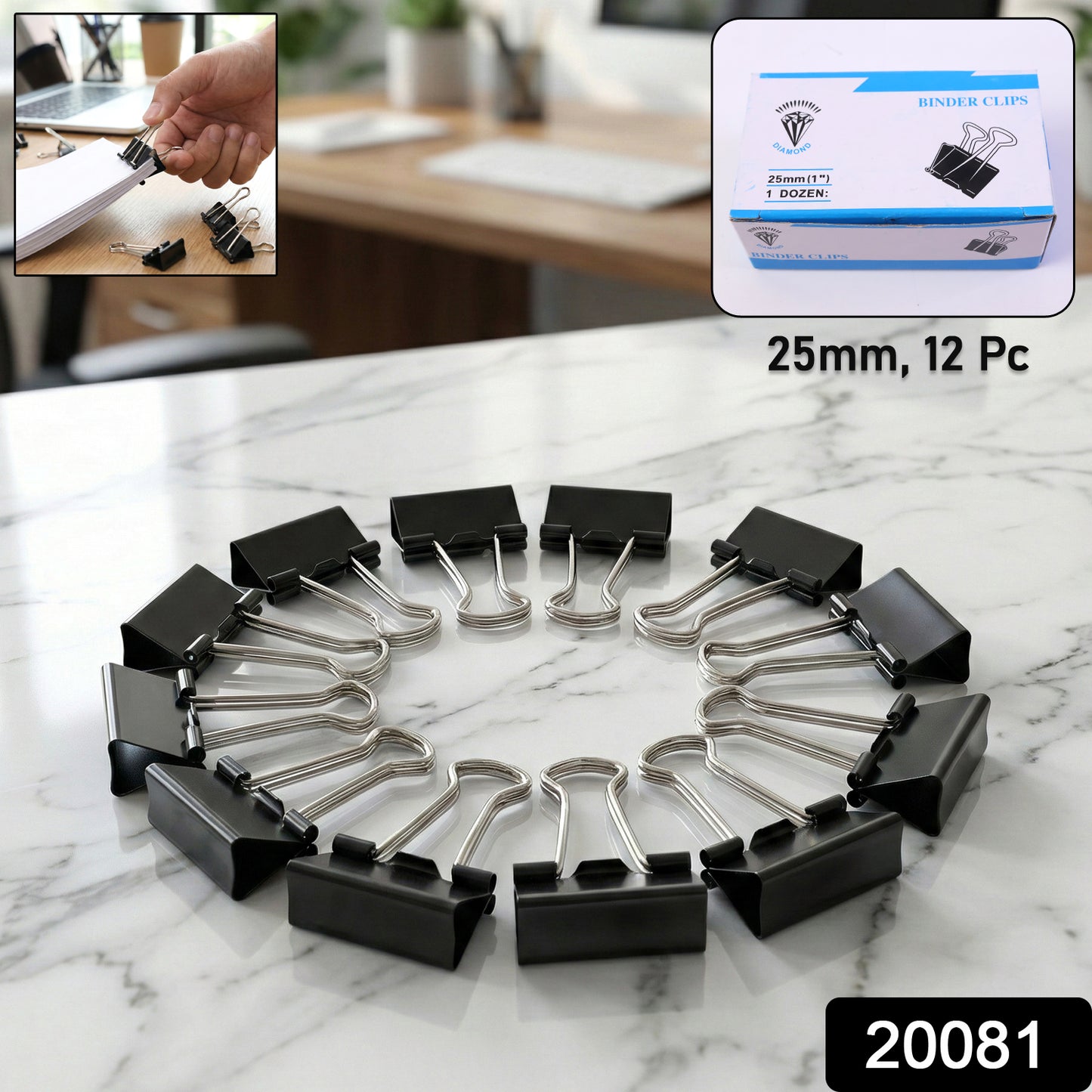 Set of 12 heavy duty black metal binder clips, 25 mm size, from Wukusy for secure paper organization and binding.