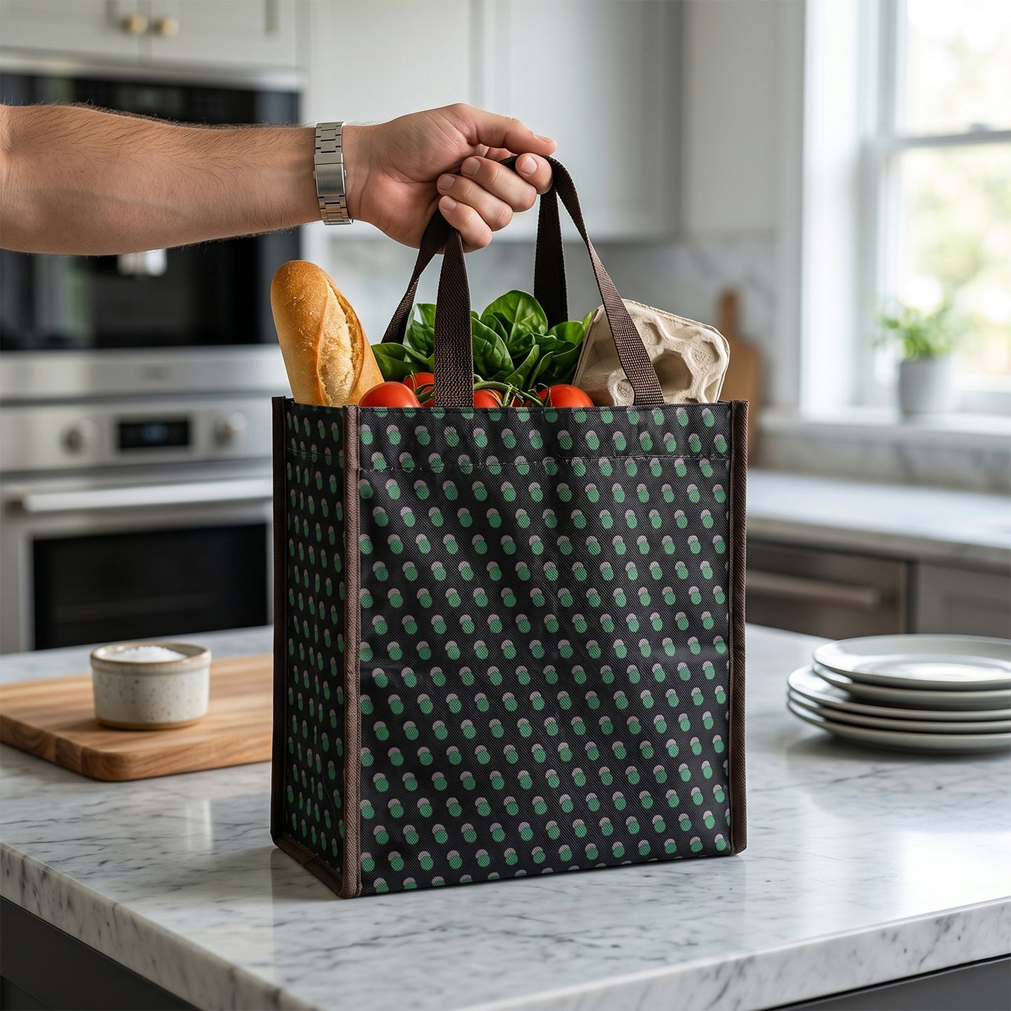 Reusable Wukusy multipurpose carry bag, 23x22 cm, durable fabric with handles, ideal for shopping and storage.