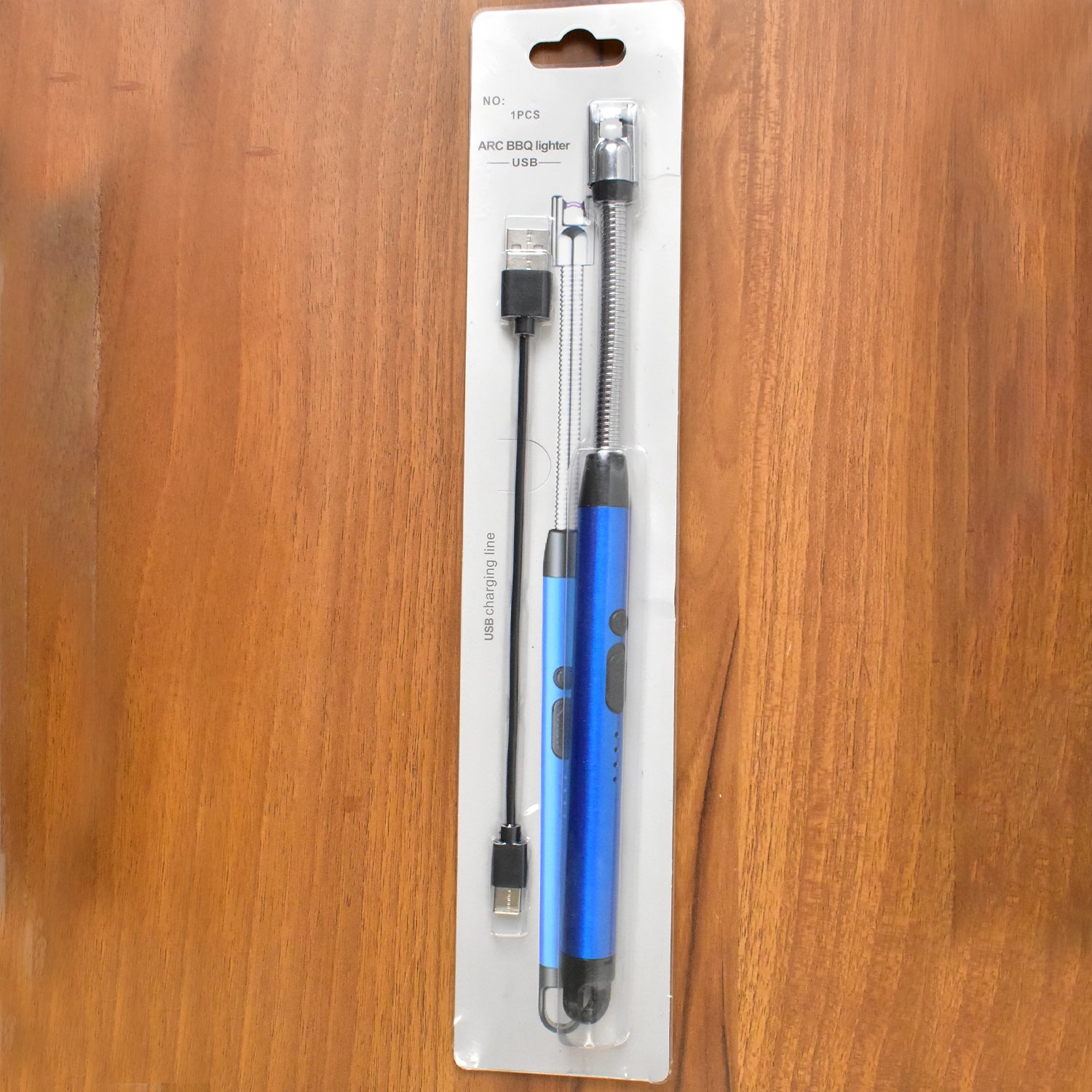 Wukusy metal rechargeable electric arc lighter with flexible neck, suitable for home and kitchen use, shown with open flame.