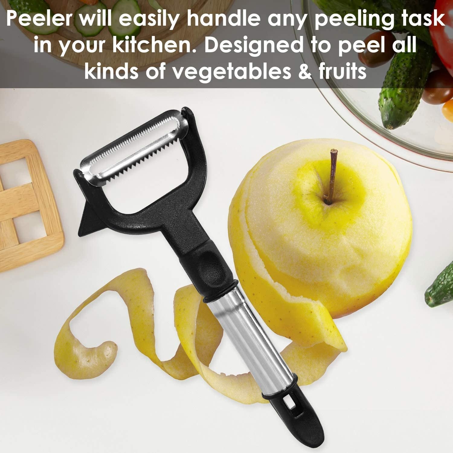 Wukusy 2618 2-in-1 double julienne and vegetable peeler with ergonomic handle and stainless steel blades for kitchen prep.