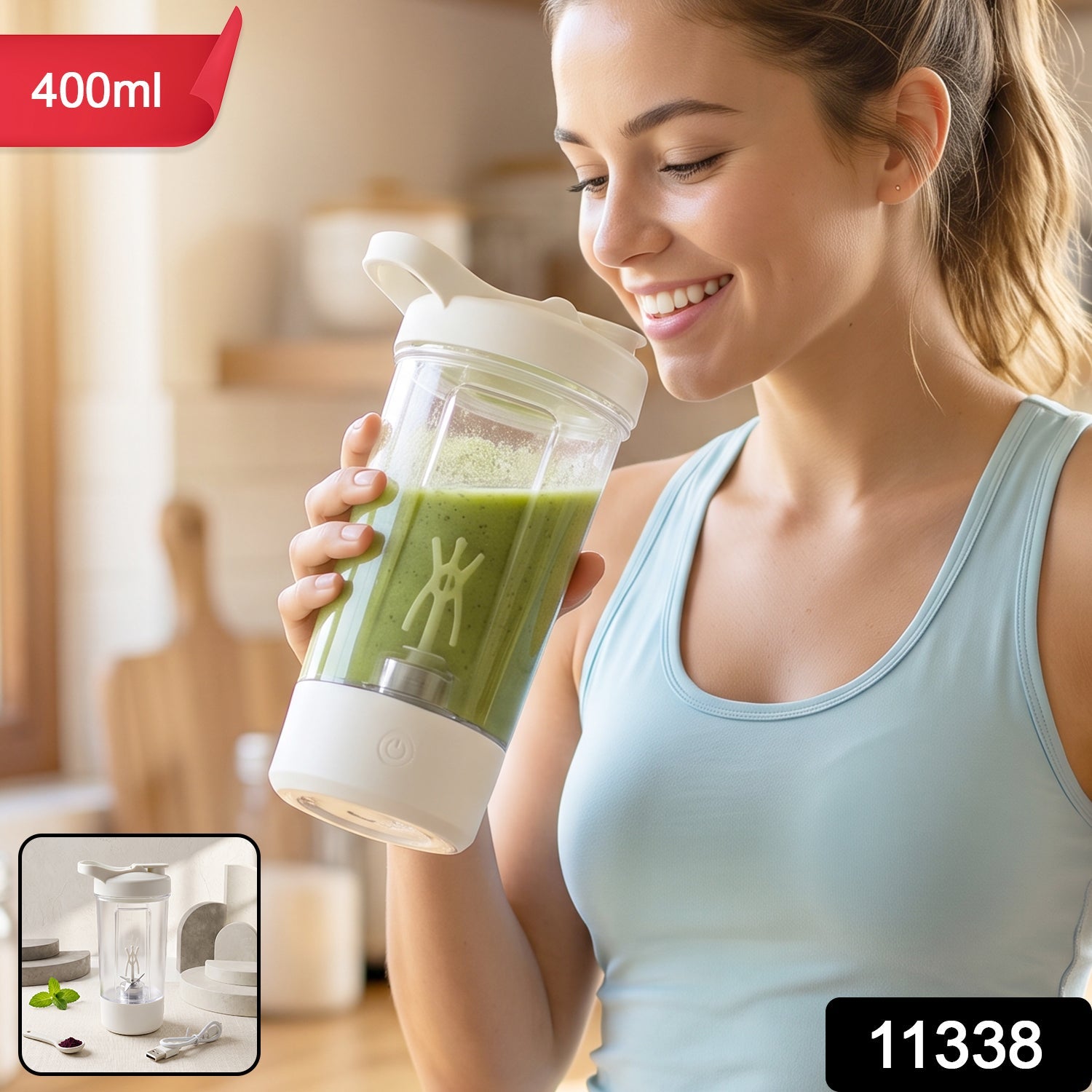 Wukusy 400ml USB rechargeable electric self-stirring protein shaker bottle with a clear body and black lid.