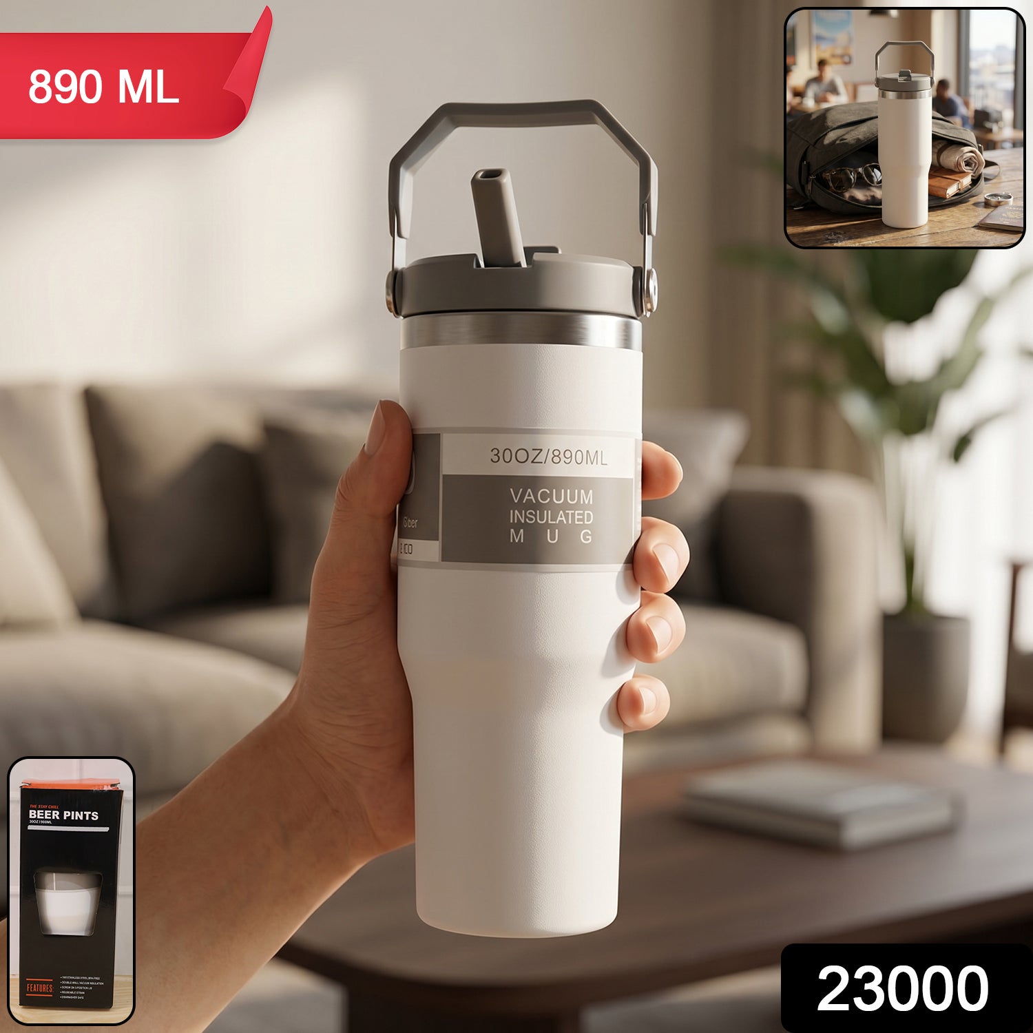 Wukusy premium stainless steel tumbler mug with vacuum insulation, 890 ml capacity, shown with a sleek silver finish.