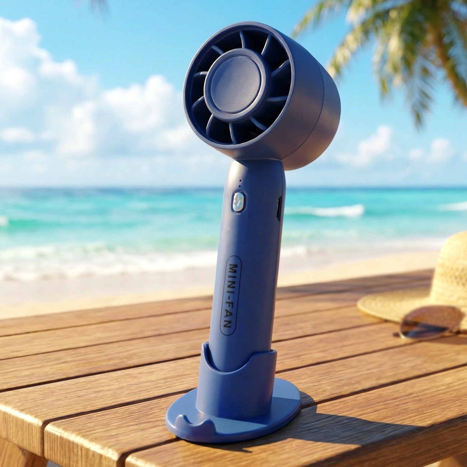 Wukusy rechargeable mini handheld fan with adjustable settings, compact and portable for personal cooling.