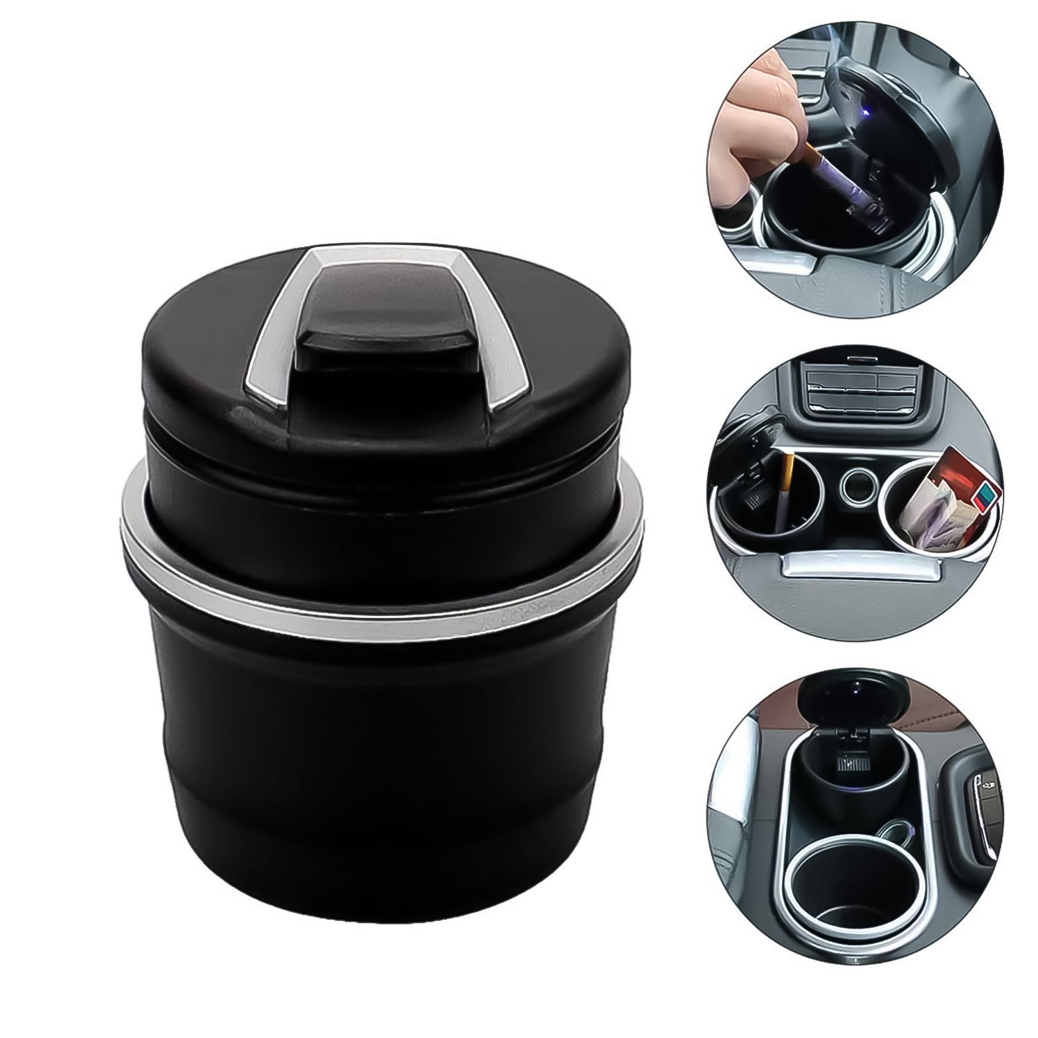 Portable Wukusy car ashtray with lid and blue LED light, compact design, suitable for vehicle use, shown with a color box.