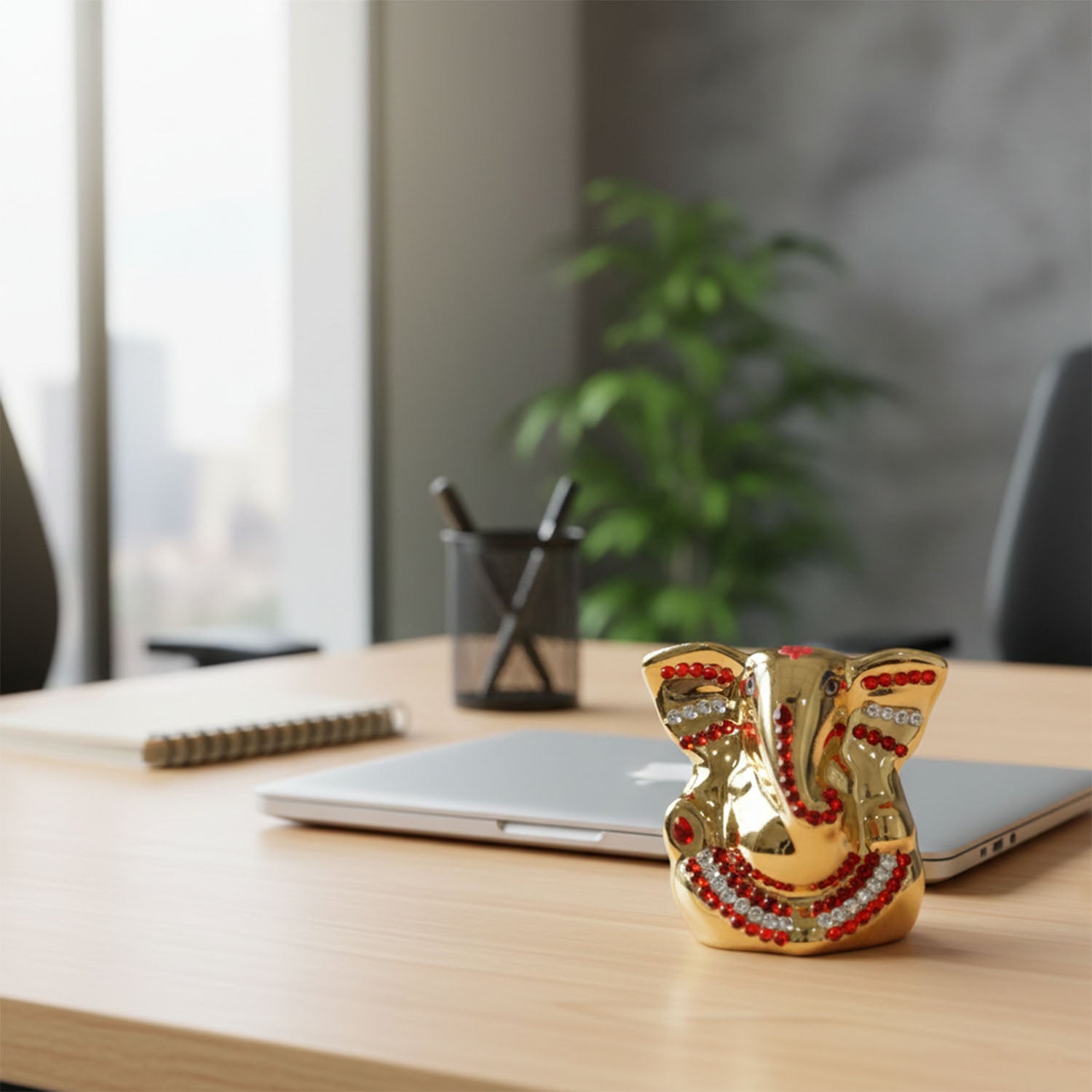 Golden Lord Ganesha idol decorative showpiece, intricately designed Hindu religious figurine by Wukusy for home decor.
