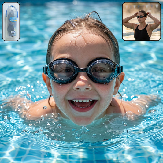 Kids Wukusy anti-fog swimming goggles with comfortable fit, featuring clear lenses and adjustable strap for secure water sports wear.