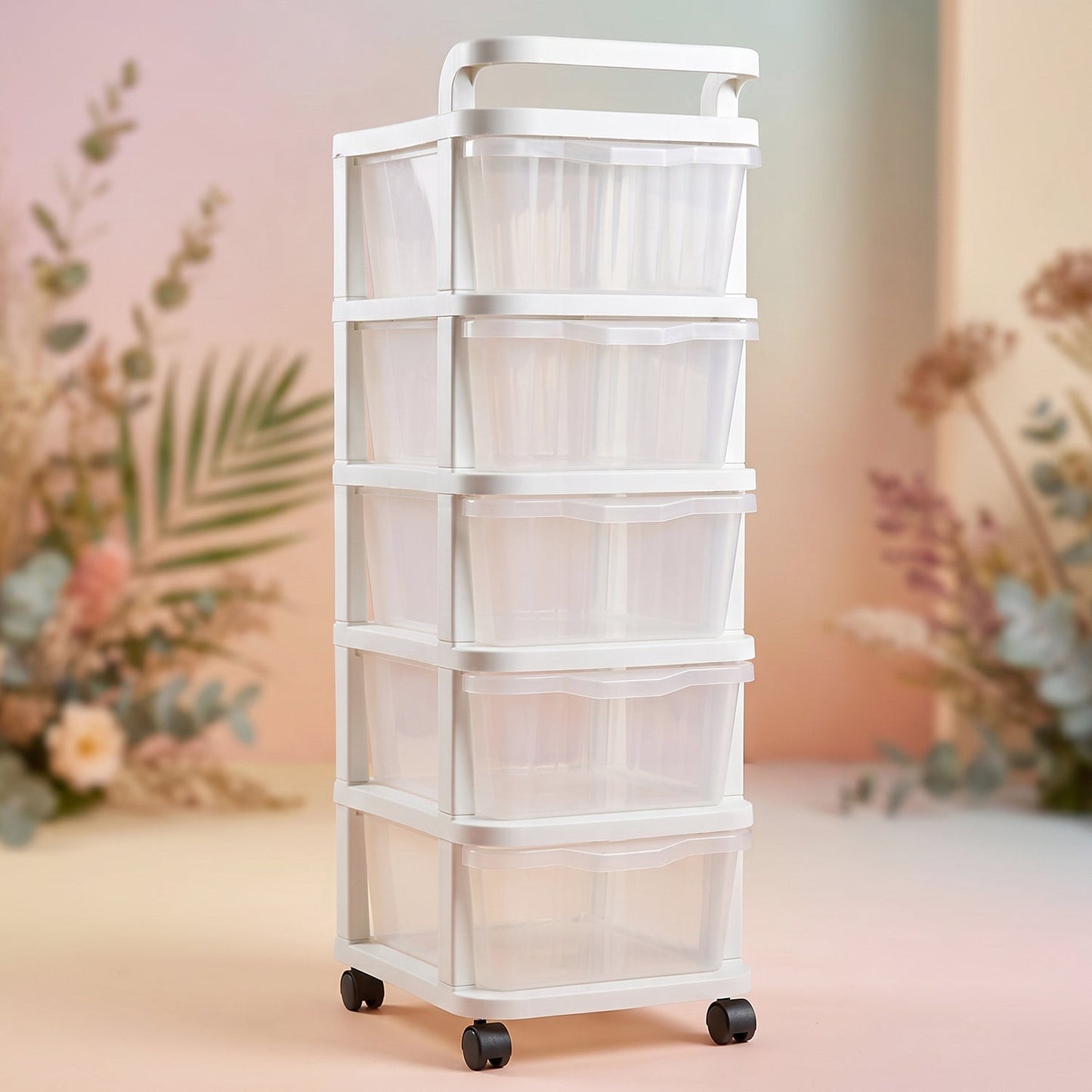 Wukusy 5-layer plastic storage drawer rack with wheels for home organization, showing multiple stacked drawers with handles and wheels