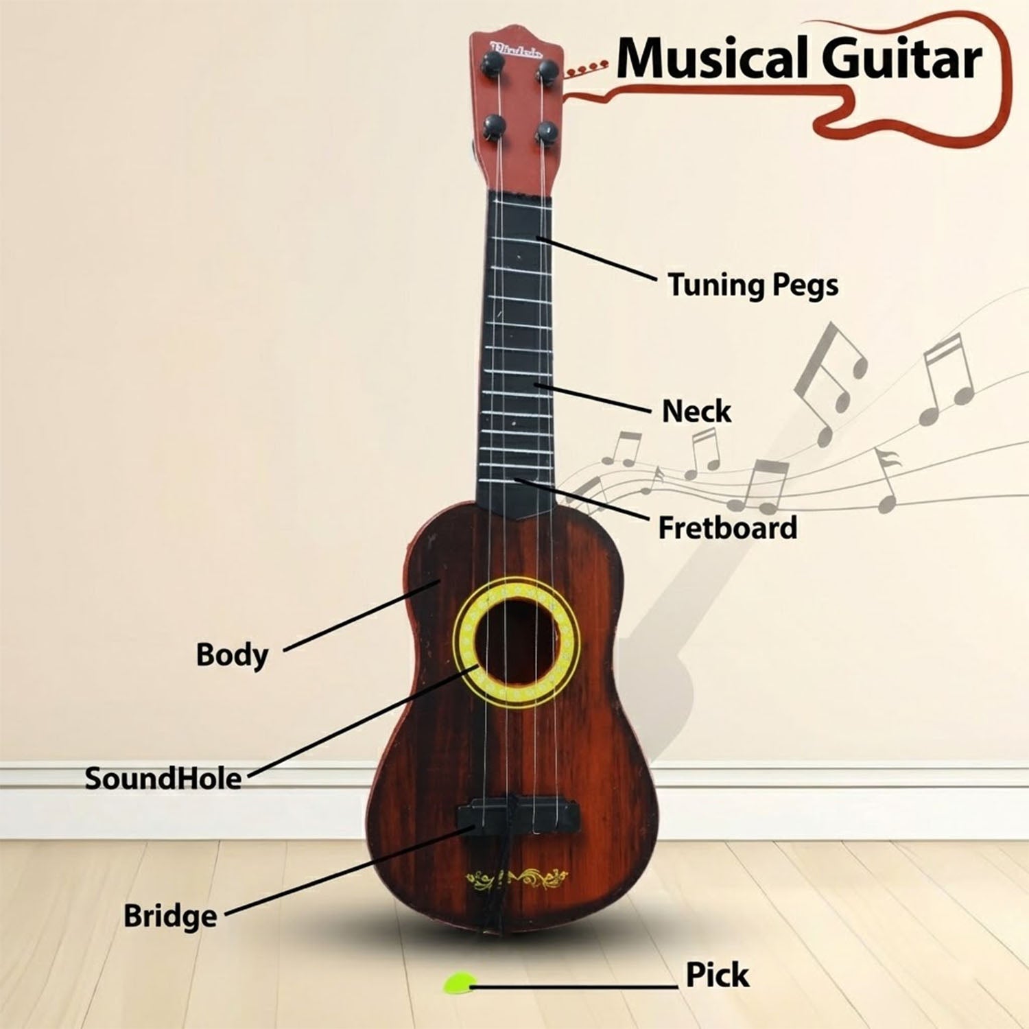 Wukusy classic wooden ukulele guitar for kids, beginner-friendly with four nylon strings, shown on a white background.