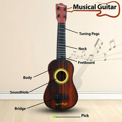 Wukusy classic wooden ukulele guitar for kids, beginner-friendly with four nylon strings, shown on a white background.