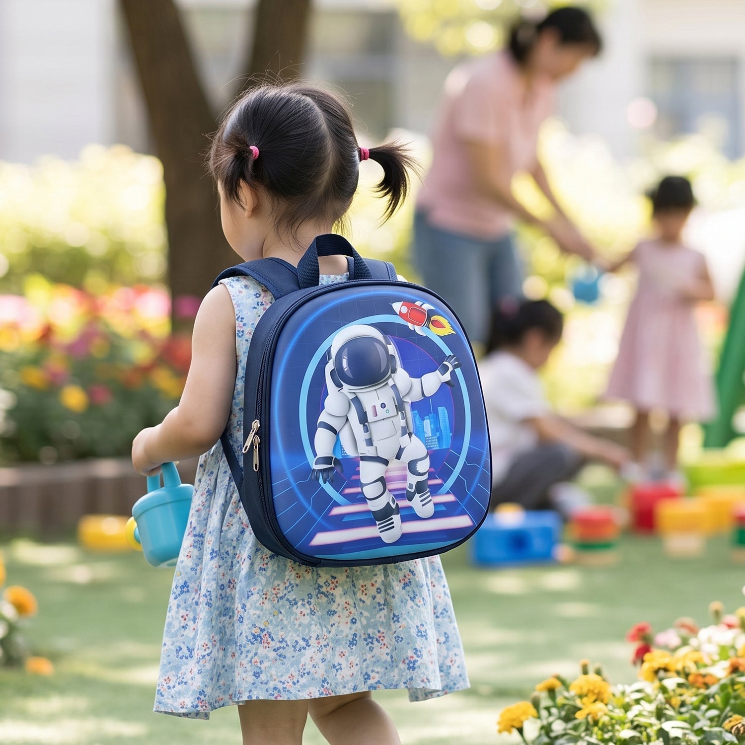 Kids Wukusy astronaut print hard shell school backpack sling crossbody bag with adjustable strap and space-themed design.