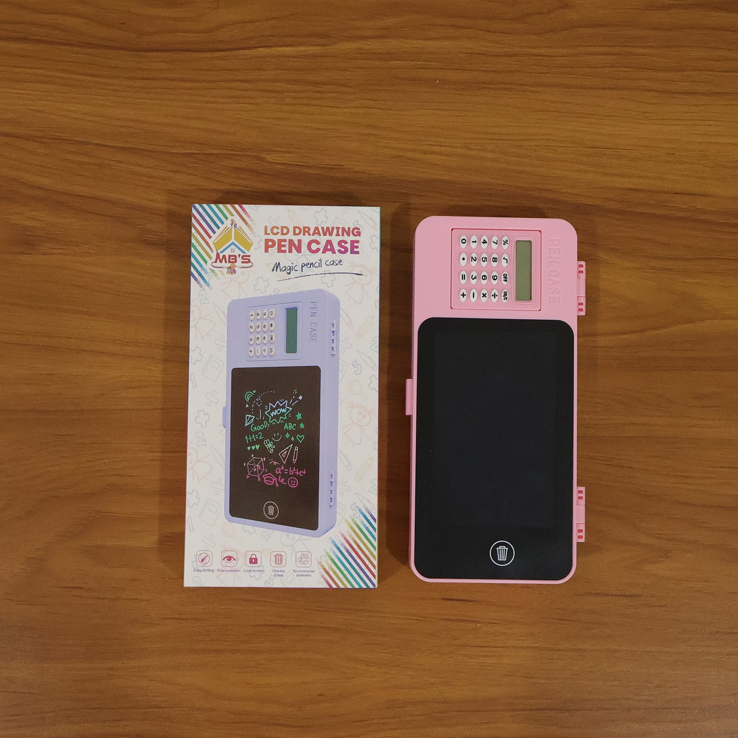 Wukusy LCD writing tablet with pencil case and built-in calculator, featuring a sleek design and compact storage.