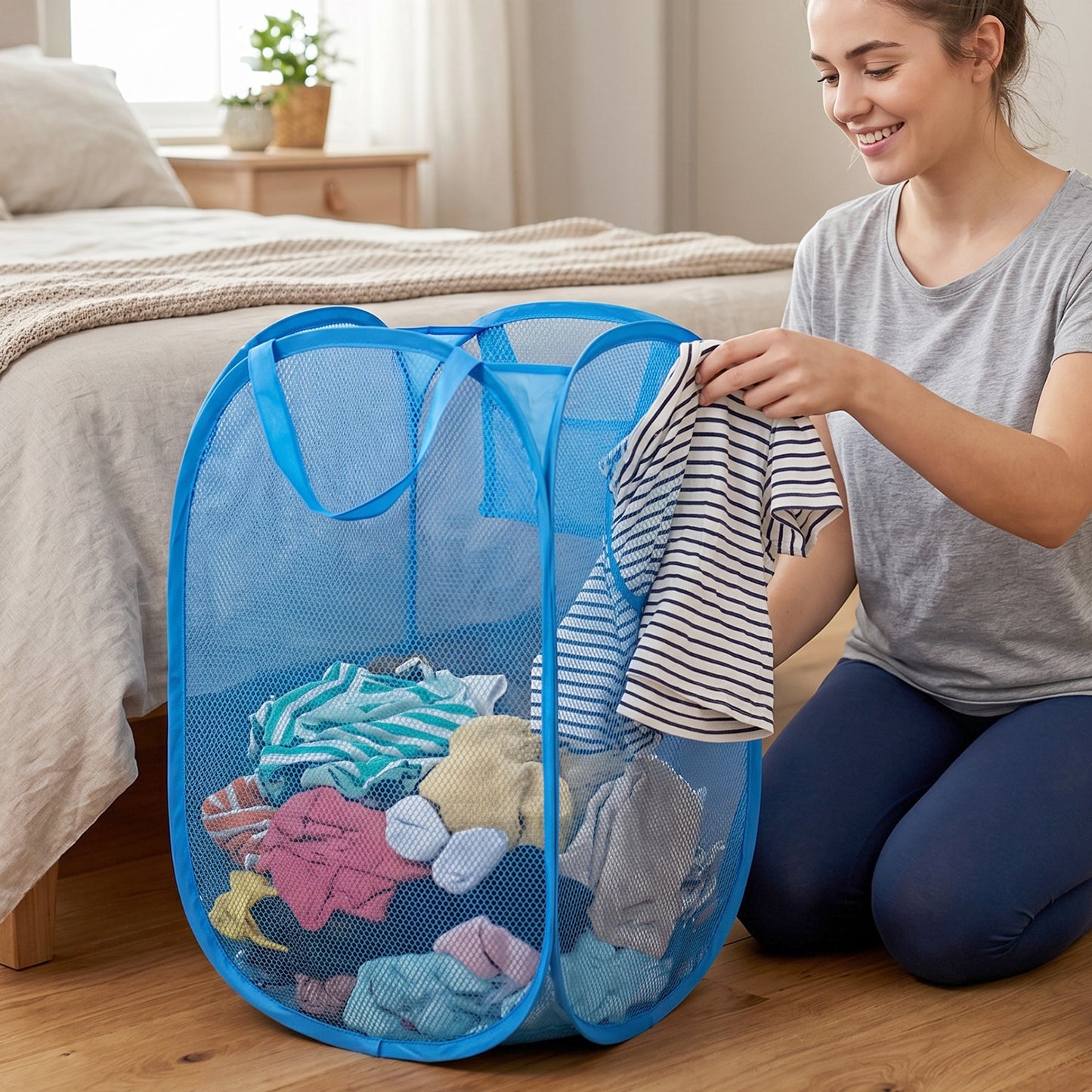 Large foldable mesh laundry basket with handles by Wukusy, 36x36x58cm, ideal for storing clothes and laundry.