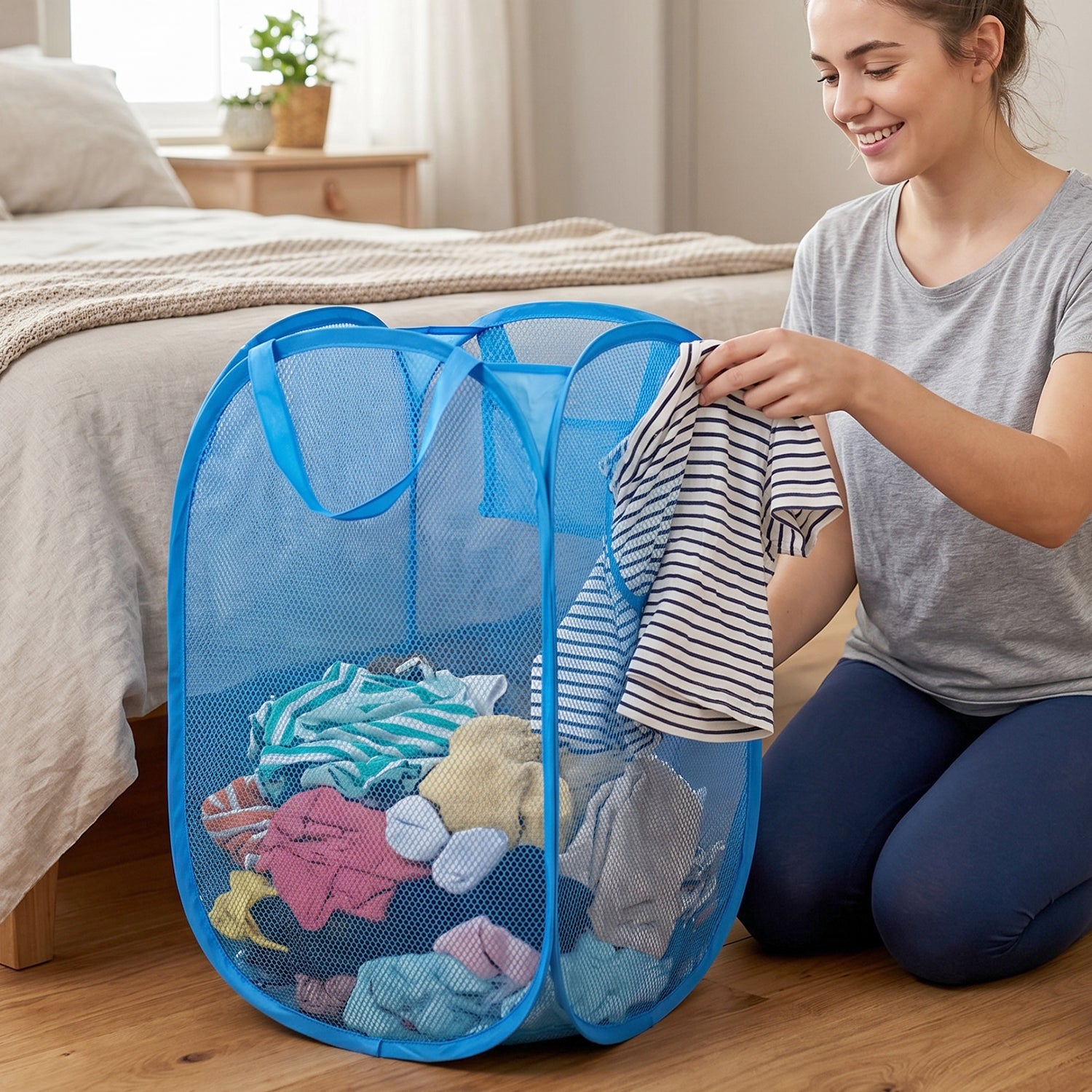 Large foldable mesh laundry basket with handles by Wukusy, 36x36x58cm, ideal for storing clothes and laundry.