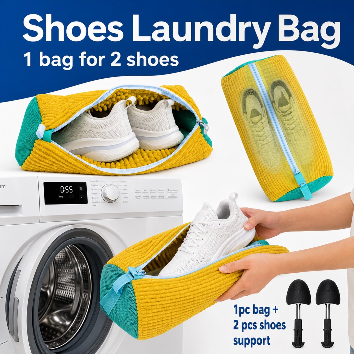 Wukusy shoe laundry wash bag with two supports, designed for washing shoes in a machine, shown with shoes inside the bag.