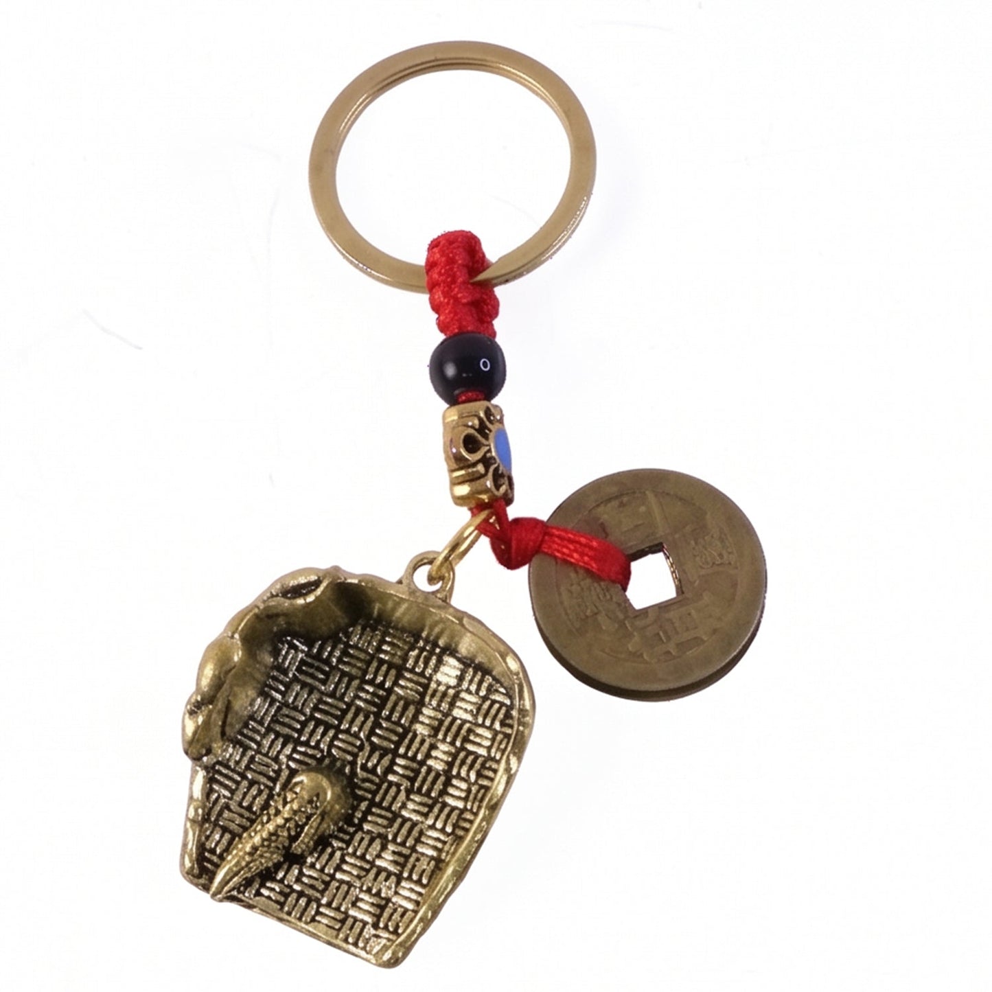 Copper plated dustpan pendant keychain with feng shui lucky coin and bag charm, featuring intricate design and metallic finish.