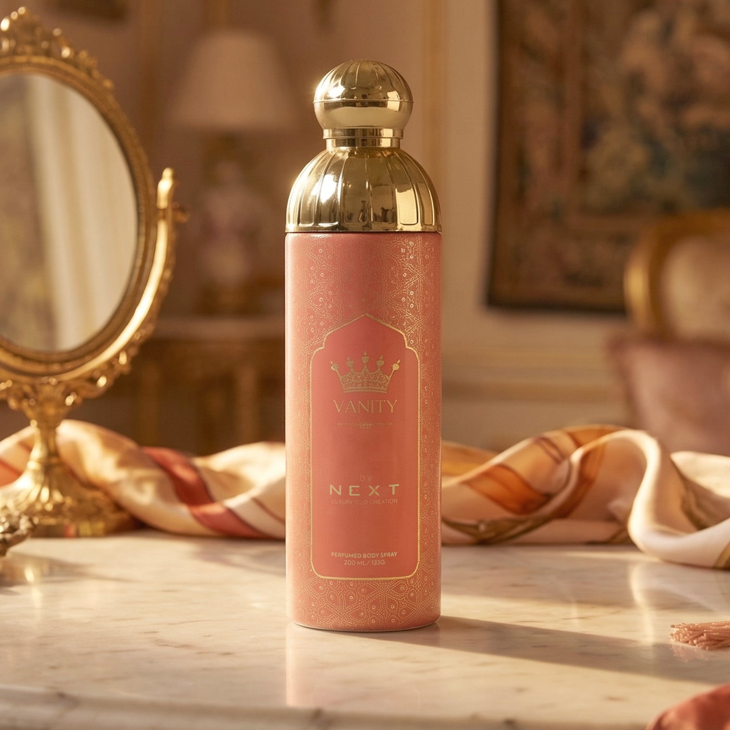 Wukusy Next Vanity Premium Perfumed Body Spray 200ml bottle with a sleek design and floral fragrance label.