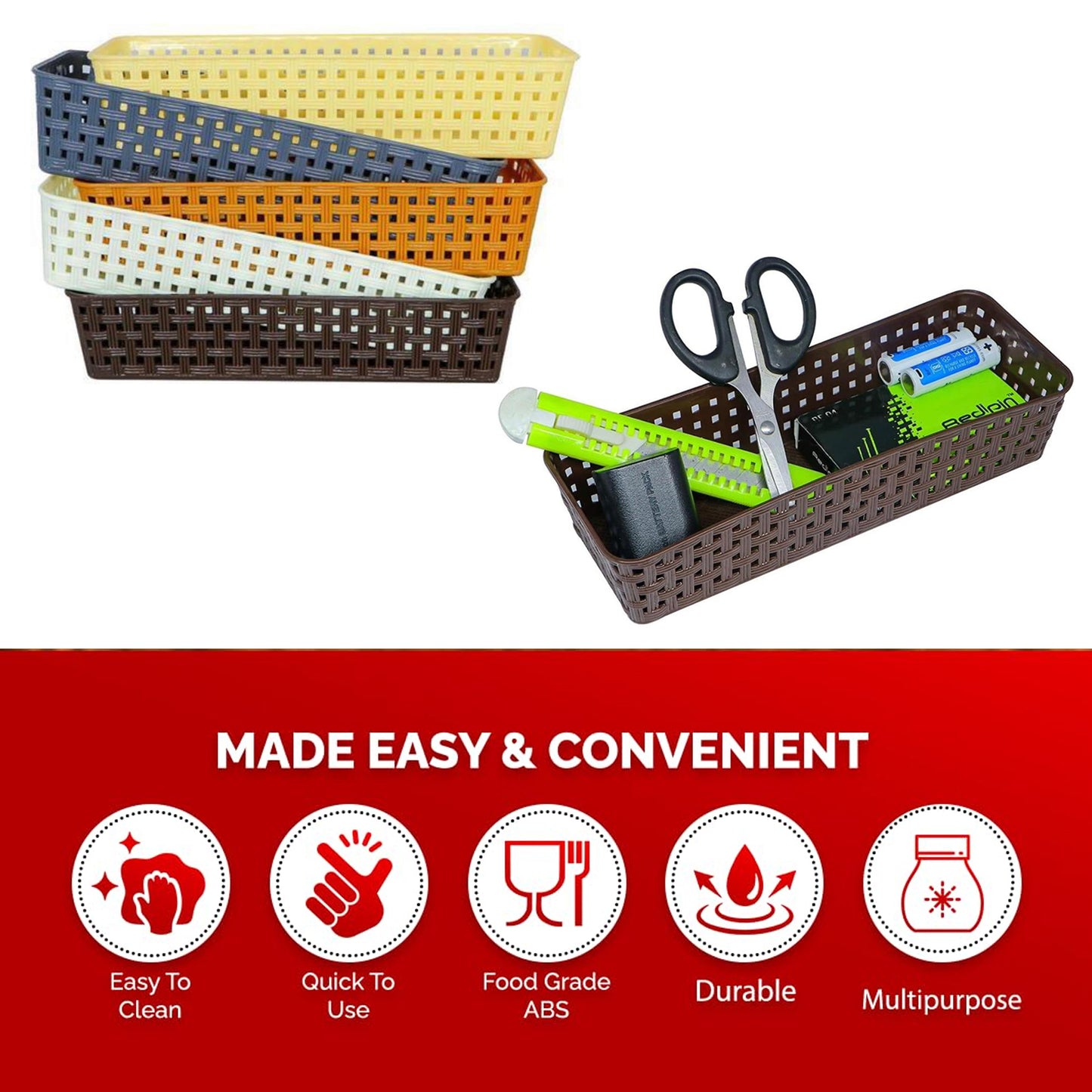 Set of six Wukusy plastic multipurpose desk organizer trays with colorful dividers for office, kitchen, bathroom, and bedroom storage.