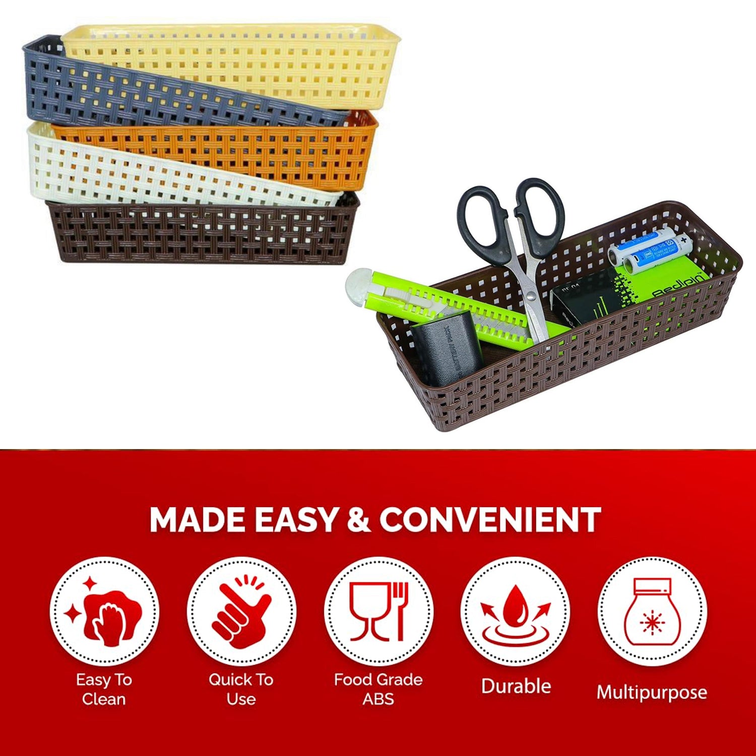Set of six Wukusy plastic multipurpose desk organizer trays with colorful dividers for office, kitchen, bathroom, and bedroom storage.