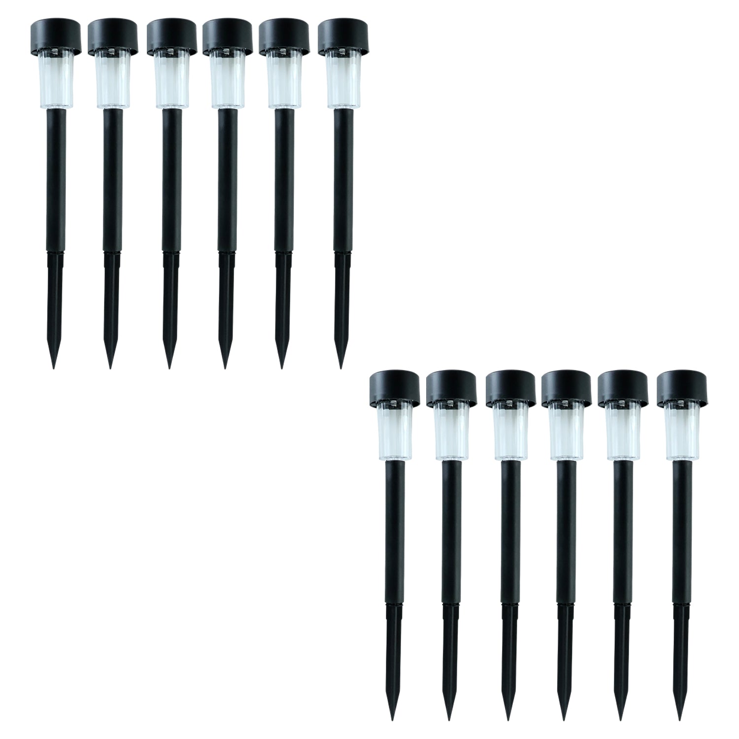 Wukusy solar-powered lawn pathway light set with 12 black stake lights illuminating a garden pathway at dusk