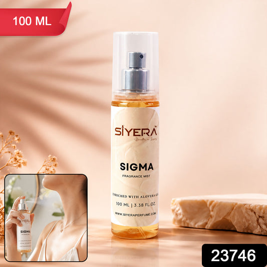 Wukusy Sigma Fragrance Mist Body Spray with Aloe Vera Gel, 100ml, featuring a clear spray bottle and refreshing liquid inside