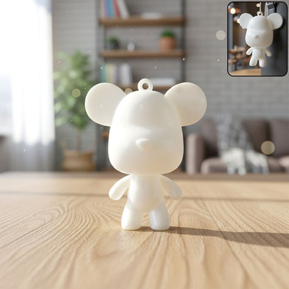 Wukusy cute bear figure keychain hanging from a keyring, made of soft material, detailed bear design, on a white background.