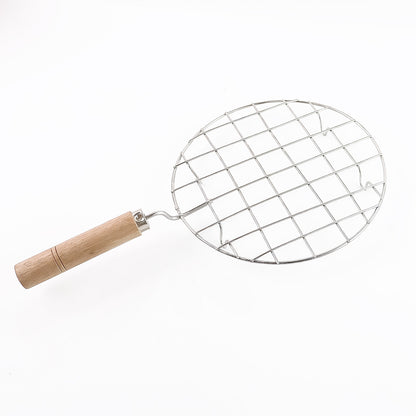 Wukusy stainless steel round kitchen roaster with wooden handle, ideal for grilling papad and barbecues.