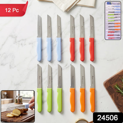 Wukusy 12-piece kitchen knife set with plastic handles and stainless steel blades, includes vegetable and fruit knives.