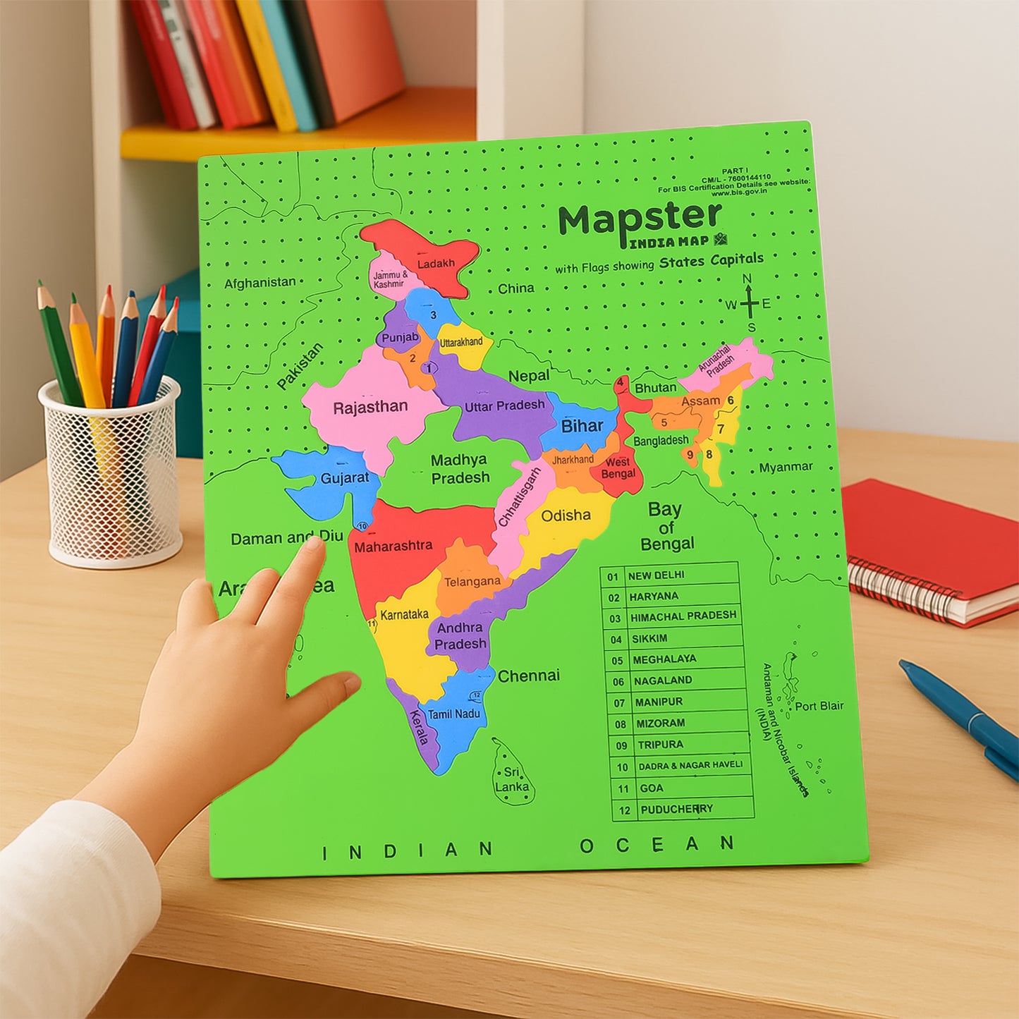 Wukusy Aditi Mapster India map EVA foam puzzle set for children, colorful educational toy for learning geography.
