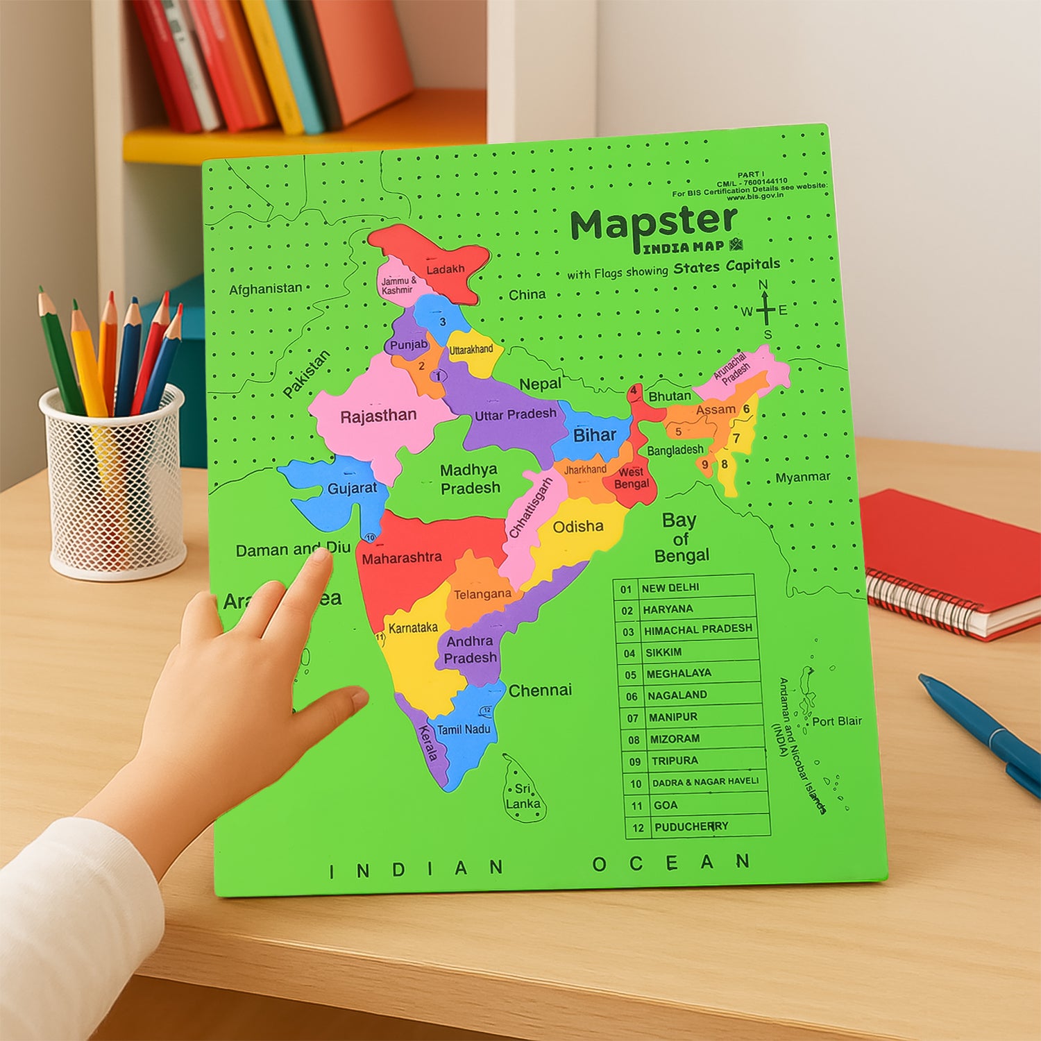 Wukusy Aditi Mapster India map EVA foam puzzle set for children, colorful educational toy for learning geography.