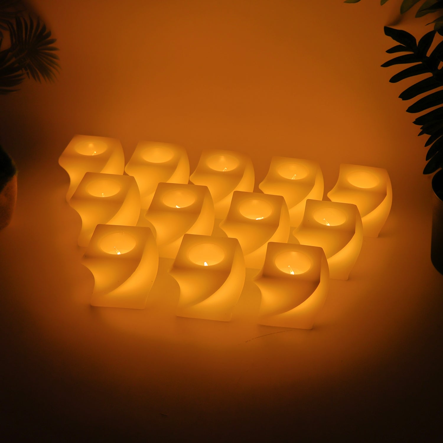 Set of 12 Wukusy LED flameless decorative square tealight candles for home decor, showing warm light and modern design.