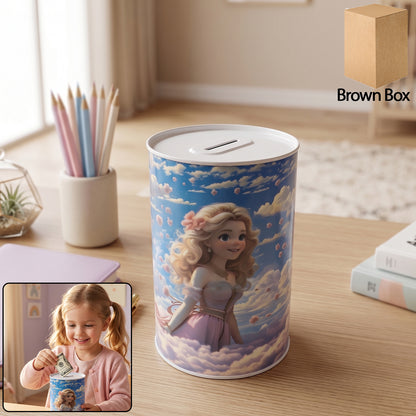 Cute princess cartoon printed metal coin saving box by Wukusy, featuring a colorful princess design for kids' money storage.