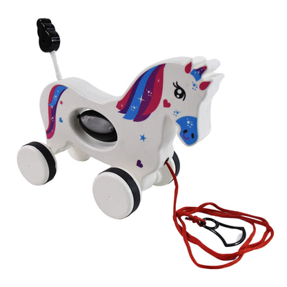 Wukusy pull-along unicorn toy for babies with a string, colorful plush unicorn with a friendly face and small wheels for pulling.