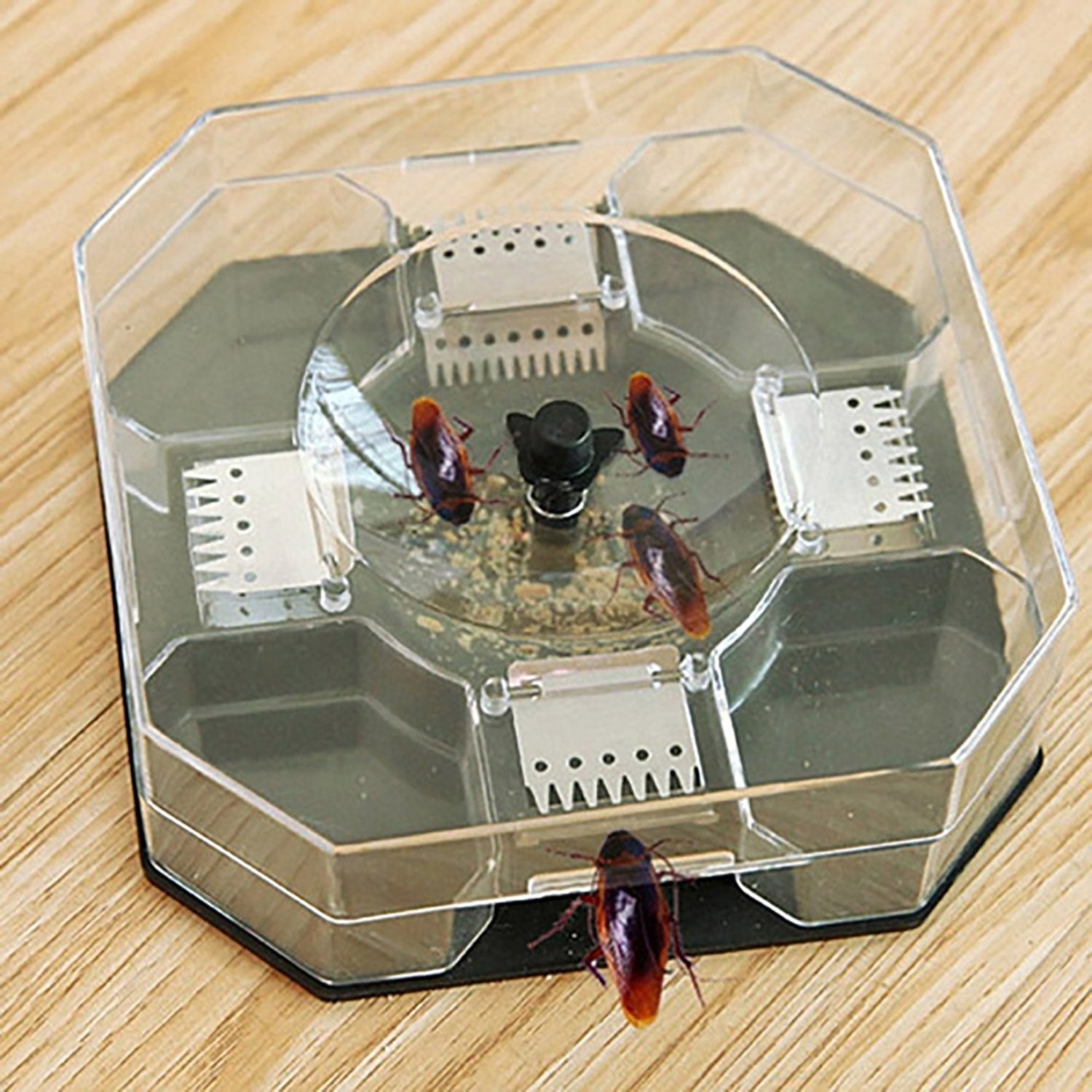 Wukusy 1471 cockroach trap box with bait and sticky surface for catching roaches and bugs in indoor spaces.