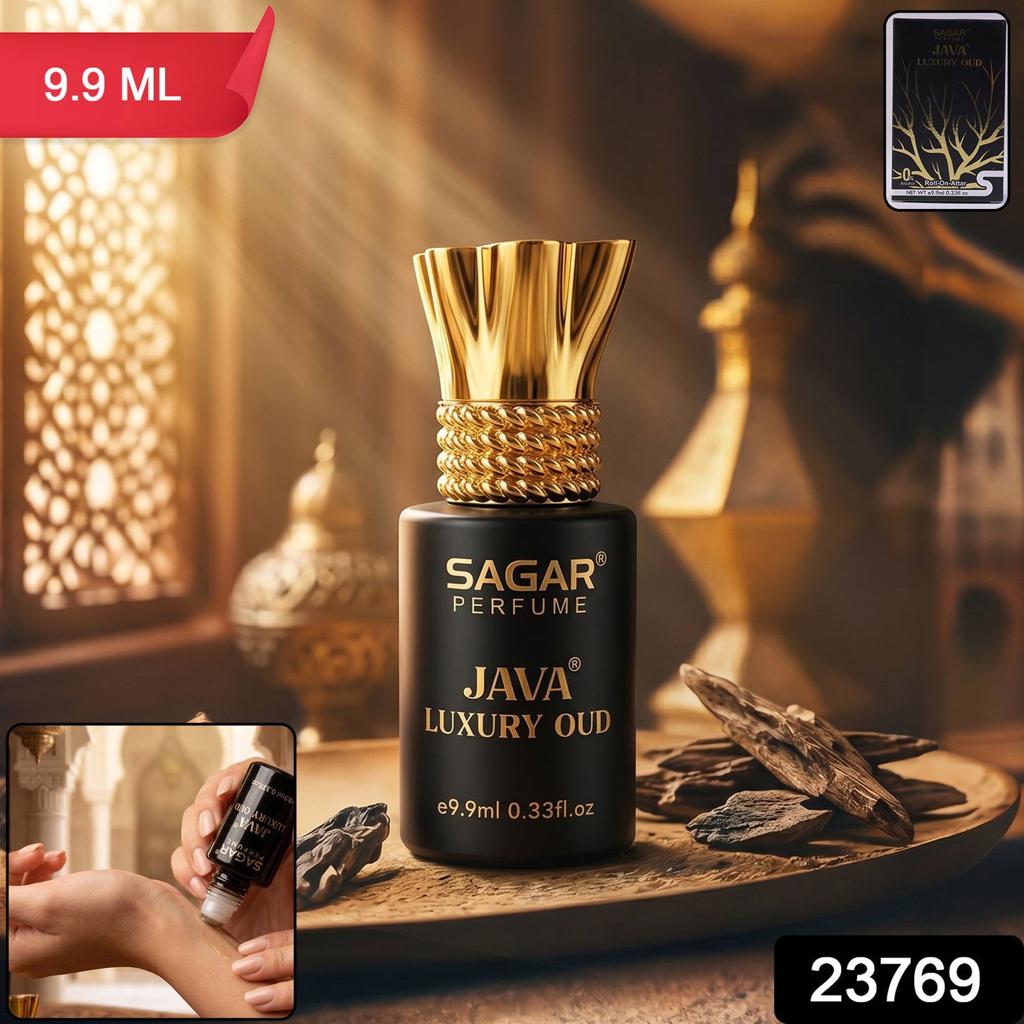 Wukusy Sagar Java Luxury Oud Roll-on Attar perfume oil in 9.9ml bottle, alcohol-free fragrance for men and women, elegant packaging.