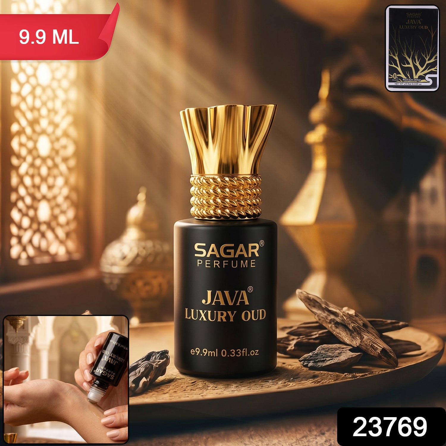 Wukusy Sagar Java Luxury Oud Roll-on Attar perfume oil in 9.9ml bottle, alcohol-free fragrance for men and women, elegant packaging.