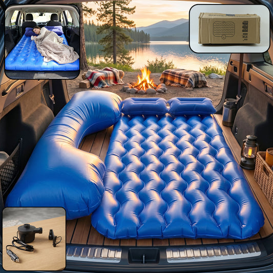 Wukusy comfortable car air mattress bed set with inflatable headrest for travel relaxation, shown inflated inside a vehicle.