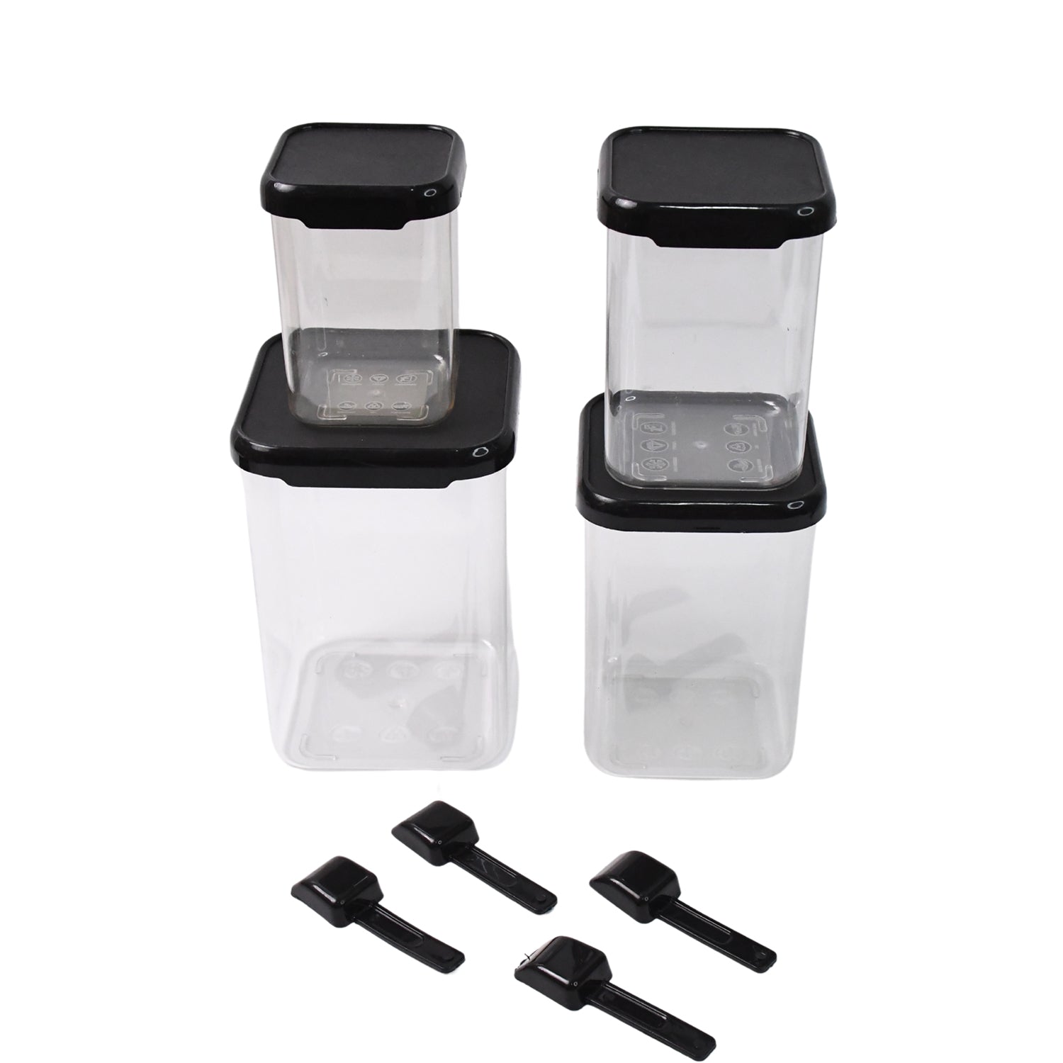 Wukusy 4-piece plastic airtight storage containers with matching spoons, ideal for kitchen organization and food preservation.