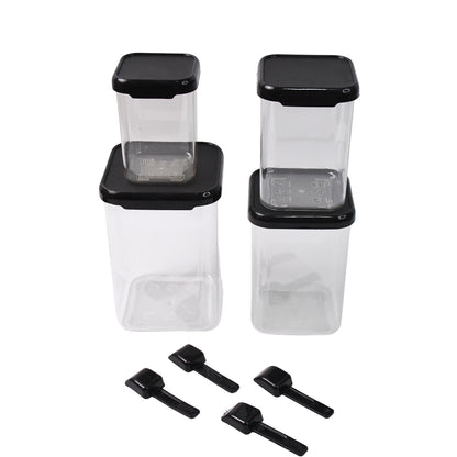 Wukusy 4-piece plastic airtight storage containers with matching spoons, ideal for kitchen organization and food preservation.