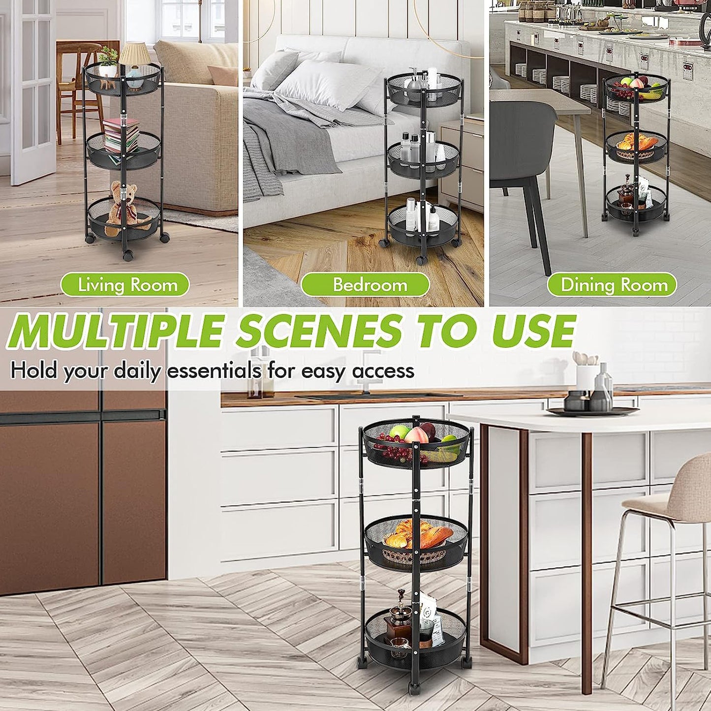 Wukusy 3-layer round metal mesh utility storage trolley with wheels, ideal for home improvement and organizing tools and supplies.