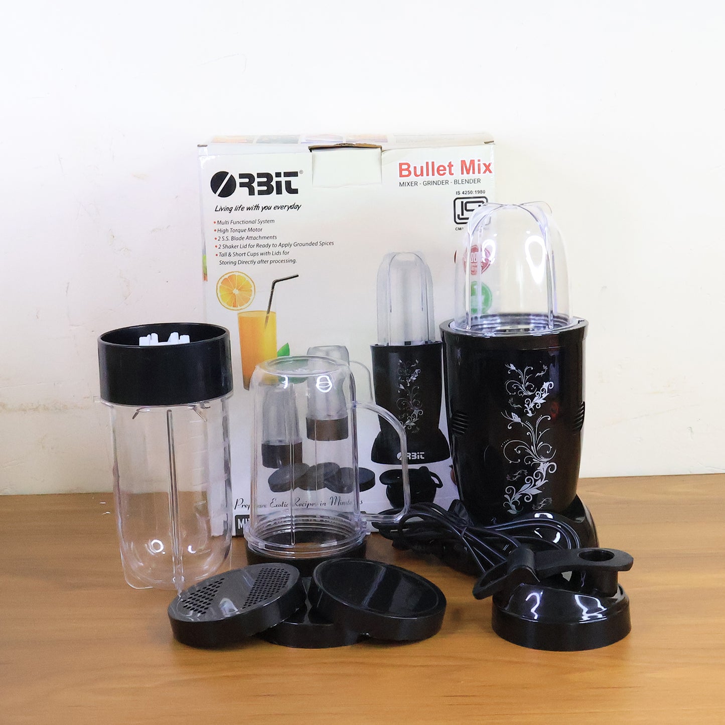 Wukusy Orbit Bullet Mixer Grinder with 400W motor and three stainless steel jars, compact kitchen appliance for grinding and blending